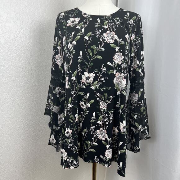 Fairy Boho Top Womens Medium Black Dark Floral Bell Sleeve Witchy Romantic - Picture 1 of 9
